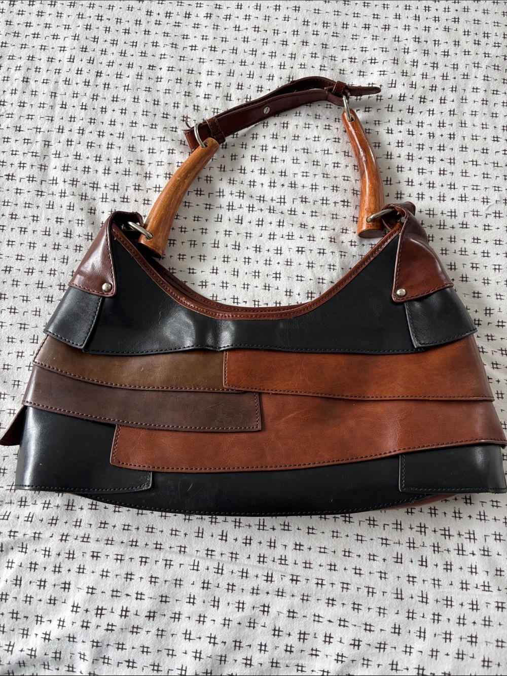 Gucci-style bag, layered leather, dark brown, lite brown, black, wood handle - Picture 7 of 16